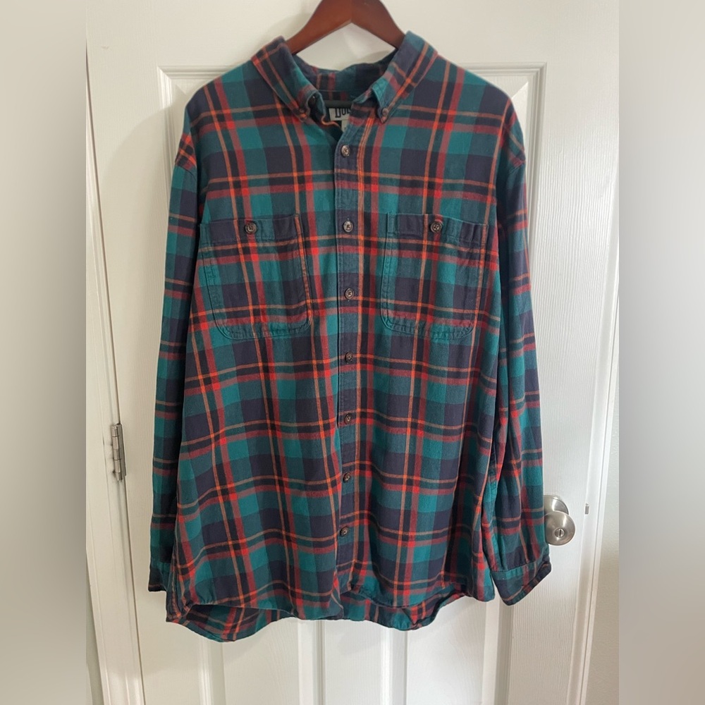 Duluth Trading Men’s XL Tall Relaxed Plaid Flannel Shirt Green Red Button Down